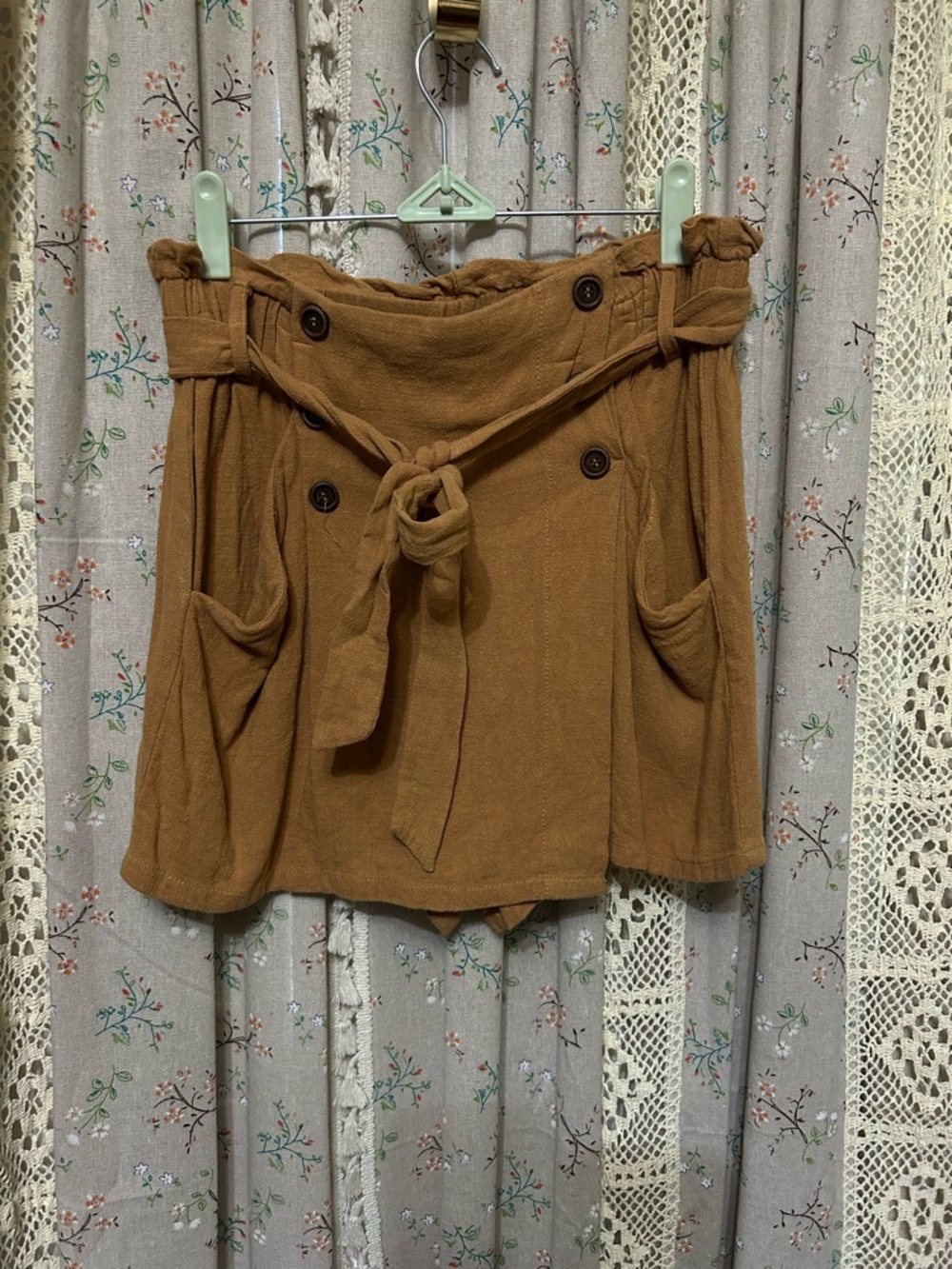 Mustard Seed Linen Blend Paperbag Waist Tie Front Shorts Skort Brown Small